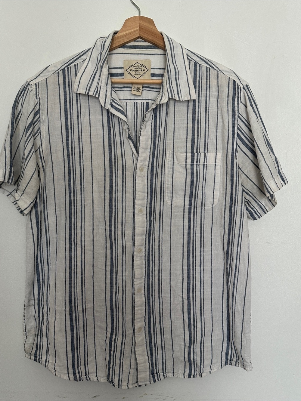 St John’s Bay Short Sleeve Button-Up Shirt in Navy Stripe